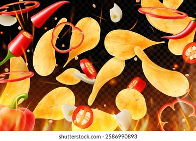 Hot potato chips with red chili pepper on fire, Red chili pepper with garlic cloves and potato chips splashing elements on solid color background. Realistic vector 3d illustration. Food concept