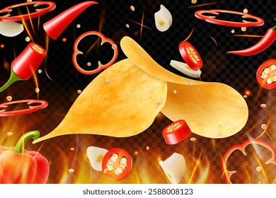 Hot potato chips with red chili pepper on fire, Red chili pepper with garlic cloves and potato chips splashing elements on solid color background. Realistic vector 3d illustration. Food concept