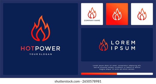 Projeto do logotipo da potência quente com fogo da arte da linha