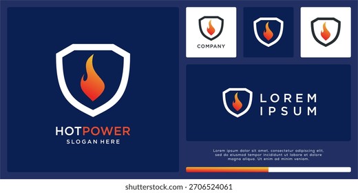 Hot power logo design with shield and fire