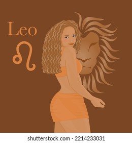 Hot and pretty Leo zodiac girl with lion face background. Leo zodiac sign and symbol.