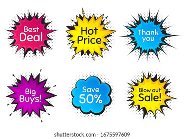 Hot price, 50% discount and best deal. Comic speech bubble. Thank you, hi and yeah phrases. Sale shopping text. Chat messages with phrases. Colorful texting comic speech bubble. Vector