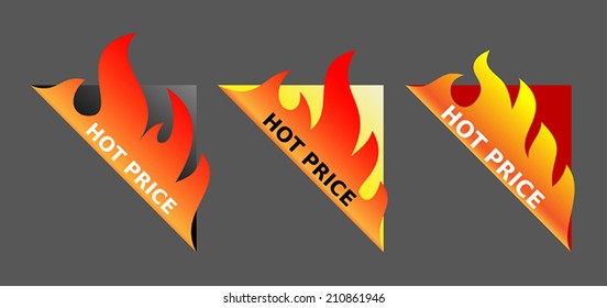 Hot price corner label with flames of fire. Vector image.