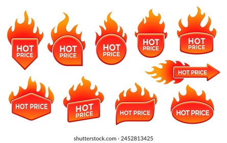 Las etiquetas de oferta de Precio caliente ofrecen emblemas con llamas de fuego. Insignias de Vector aisladas o íconos con lenguas ardientes rojas. Etiquetas promocionales de ofertas especiales para artículos con descuento, ventas minoristas o de liquidación