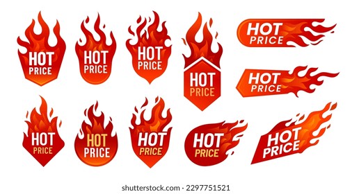 Hot price deal promotion labels with fire flames. Isolated vector tags for discounted items, retail promotions or clearance sales. Badges or icons with red burning blaze tongues, special offer promo