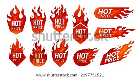 Hot price deal promotion labels with fire flames. Isolated vector tags for discounted items, retail promotions or clearance sales. Badges or icons with red burning blaze tongues, special offer promo