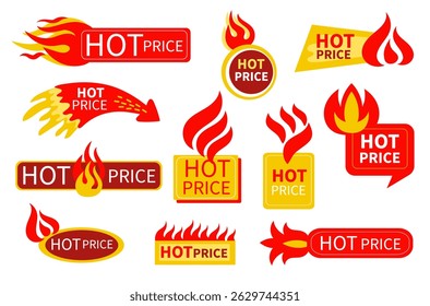 Hot price emblems. Burning sale, discount labels, stylized simple fires and flames, campfire graphic design templates, shopping tag for products and goods minimal isolated splendid vector set