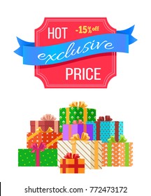 Hot price exclusive sale card vector illustration with colorful gift boxes with cute ribbons and bows, promotion text on red sticker with blue ribbon