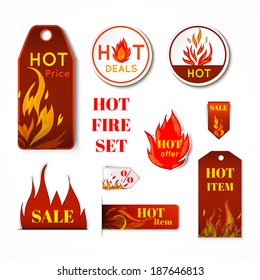 Hot price fire flame paper sale discount promotion labels badges and tags isolated vector illustration.