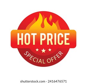 Diseño de etiquetas de precio caliente con círculo rojo y llamas de fuego. para icono, logotipo, pegatina, sello, placa, emblema, sello, etc. Vector