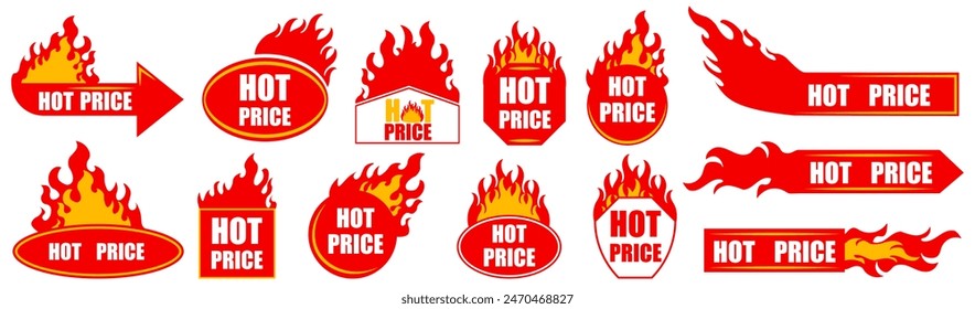 Hot price labels with fire flame. Special offer tags. Promotion hot price badges