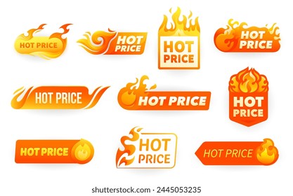 Hot price offer labels, promotion deal emblems with fire flames. Isolated vector badges, tags or icons with burning blaze tongues. Special offer promo for discounted items, retail or clearance sales