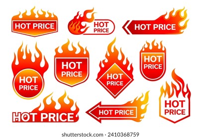 Hot price promotion labels with fire flames for sale offer, vector badges. Discount promo or special deal for hot price, shop labels and stickers with red yellow burning fire flames for store signs