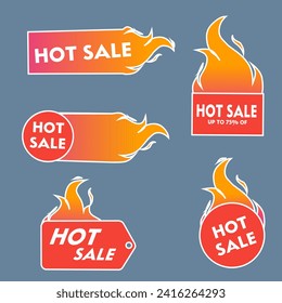 Oferta de etiquetas de promoción de precios calientes con llamas de fuego, insignias vectoriales. Descuento promocional o trato especial a precio caliente, etiquetas de tienda y etiquetas con llamas de fuego amarillas rojas para los carteles de la tienda