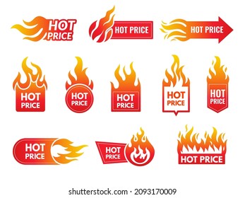 Hot price. Promotional badges with stylized flame shopping sales deals and discount for retailers perfect offers recent vector logo collection