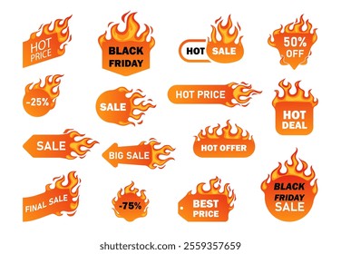 Hot price sales labels. Good price badges. Fire stickers. Black friday sale