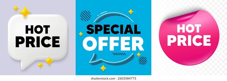 Hot price speech bubble. 3d sparkles chat, Paper sticker. Hot Price tag. Special offer Sale sign. Advertising Discounts symbol. Special offer bubble. Halftone dots pattern. Vector