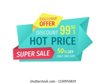 Hot price and super sale phrases for shop sellout isolated. Exclusive special offer and discount title on geometrical tape for store wholesale banner.