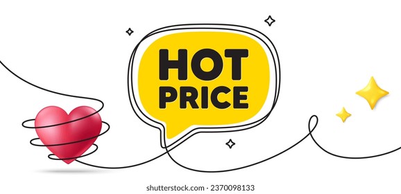 Hot Price tag. Continuous line art banner. Special offer Sale sign. Advertising Discounts symbol. Hot price speech bubble background. Wrapped 3d heart icon. Vector