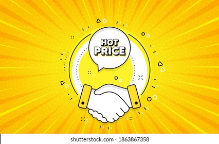 Hot Price. Yellow vector button with handshake. Special offer Sale sign. Advertising Discounts symbol. Hot price line icon. Abstract yellow background. Vector