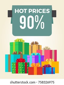 Hot prices 90% off total final sale discounts promo label percent sign on banner with piles of present boxes in decorative wrapping paper vector