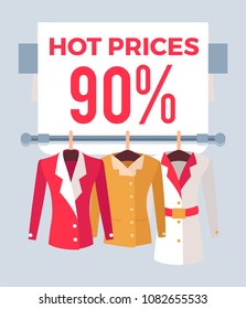 Hot prices 90% total sale special offer label discount tag with jackets on hangers, vector emblem advertisement sticker modern apparel fashion coats