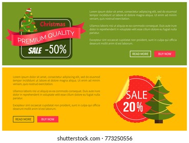 Hot prices Christmas sale buy now posters vector illustration with promotion text, red sticker and ribbon, Christmas tree with toys push-buttons