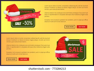 Hot prices Christmas sale web banners with push buttons, Santa Claus hat on labels vector illustration advert posters with text, price off emblems
