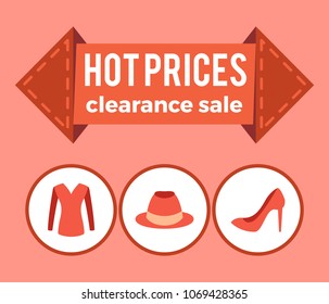 Hot prices clearance sale promo advert on arrow and sweater hat and stiletto shoes icons on circles flat design hot clearance sale poster in red color
