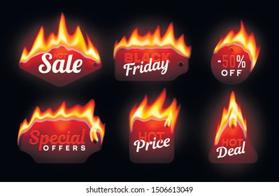 Hot prices promotional offer vector stickers set. Seasonal sale banner badges pack. Discount advert with stylized burning flames. Black friday clearance typography, flyer, coupon design elements