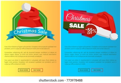 Hot prices Santa Claus hats on promo labels Christmas sale concept, vector posters, online web buttons read more and buy now, advertisement badges