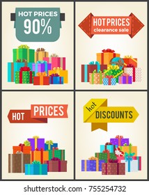 Hot prices total final sale discounts promo labels percent off signs on banners with piles of present boxes in decorative wrapping paper vector set