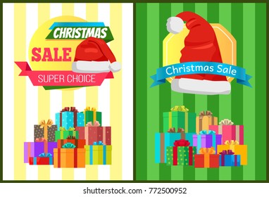 Hot prices Xmas sale poster Santa Claus hat on discount label, mountains of gift boxes on striped green yellow backgrounds vector emblems collection