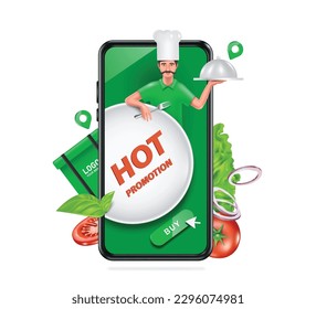 Hot promotion text in front of chef holding fork and food cover and all display on smartphone and there are vegetables and bag or food box for delivery to customers on side ,vector 3d for delivery