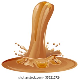 Hot puddle. Brown caramel splash pour. Isolated illustration