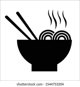 Hot ramen bowl with chopsticks and smoke. Silhouette of noodle soup hot icon on white background. Vector illustration in flat design.