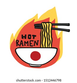 Hot Ramen noodle cartoon on fire logo vector illustration