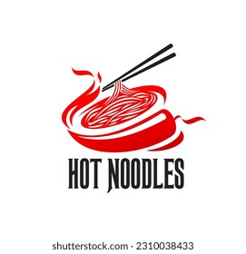 Hot ramen noodles bowl with chopsticks vector icon of japanese or chinese cuisine food. Egg noodle pasta soup bowl with miso and spicy chili pepper label of instant ramen dish or asian restaurant menu