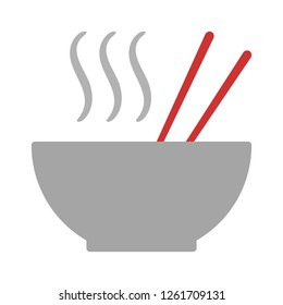 Hot ramen or pho noodle soup bowl with chopsticks and smoke flat vector color icon for food apps and websites