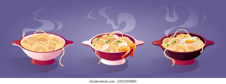 Caliente listo para comer fideos con adiciones y vapor en tazón rojo. Conjunto de ilustración vectorial de dibujos animados de deliciosa comida tradicional oriental cocinada para el almuerzo con especias, camarones, huevo frito y salchicha.