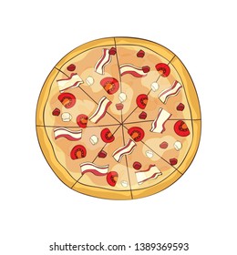 Hot ready pizza with bacon and tomatoes. Vector illustration.