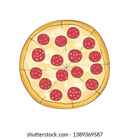 Hot ready pizza with salami and cheese. Vector illustration.