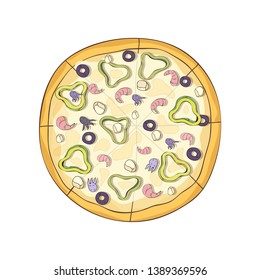 Hot ready pizza with seafood and vegetables. Vector illustration.