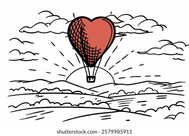 Hot red air balloon heart shape flying into the sunset over valley landing or taking off.