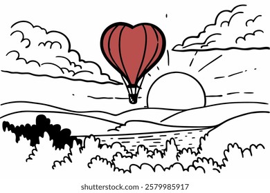 Hot red air balloon heart shape flying into the sunset over valley landing or taking off.