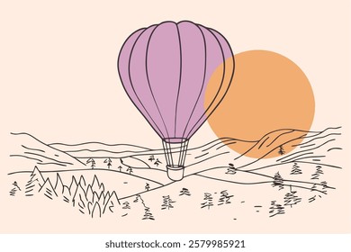 Hot red air balloon heart shape flying into the sunset over valley landing or taking off.