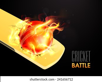 Hot red ball in flame on shiny bat for Cricket Battle.