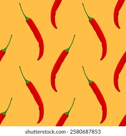 Hot red cayenne peppers on yellow. Seamless pattern. Tasty peppers in hand drawn cartoon style. Vector food illustration.