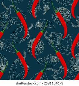 Hot red cayenne peppers on navy blue background. Seamless pattern. Tasty peppers in hand drawn cartoon style. Vector food illustration.