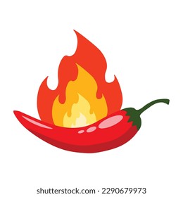 Hot red chili pepper with burning fire. Red pepper with fire isolated on white background, high quality vector. Illustration of food hot chilli pepper in flat style.